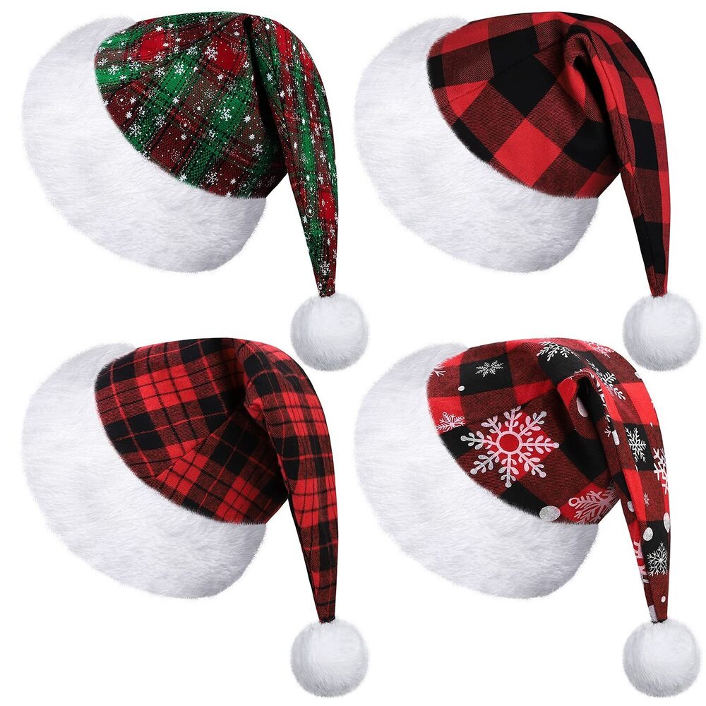 9844 4 Pack Plaid Hats - Snowflake Santa Hats for Adults - Funny Christmas